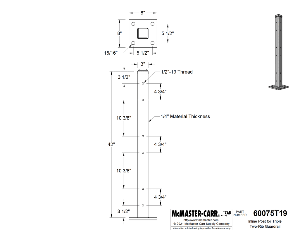 Technical Drawing of Inline Post for Triple Two-Rib Guardrail.